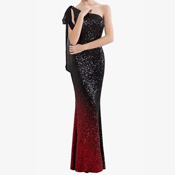 Angel-Fashions Dresses & Skirts - Angel-fashions Women's Asymmetric Ribbon Gradient
Sequin Mermaid Long Prom Dress